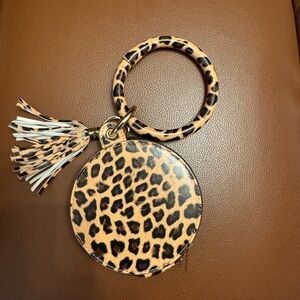 Leopard Print Wristlet Keychain coin purse with mirror